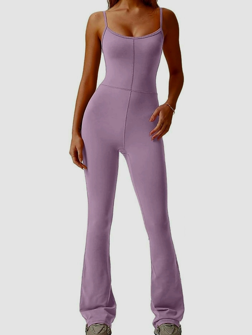 Qinsen Jumpsuit Flare Leg Spaghetti Strap Unitard Purple Stretch Catsuit S